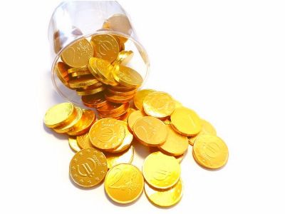 www.schokolade-ala-monika.de Schoko-Goldm&uuml;nzen 500gr.Dose - Pr&auml;gung Eurom&uuml;nze auf gl&auml;nzende Goldfolie