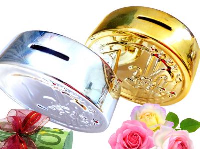goldene Spardose in Euroaufmachung aus Keramik und sehr gl�nzend