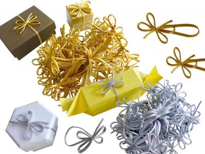 100 kleine Mini Ziergummischleifen SILBER oder GOLD, Umband 10cm, f�r Schmuckverpackungen