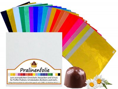 30 Blatt (ca.20gr.) 140x140mm, 10�m, Einzelfarbe Alu-Pralinenfolie, bunte Confiserie-Tr�ffelfolie